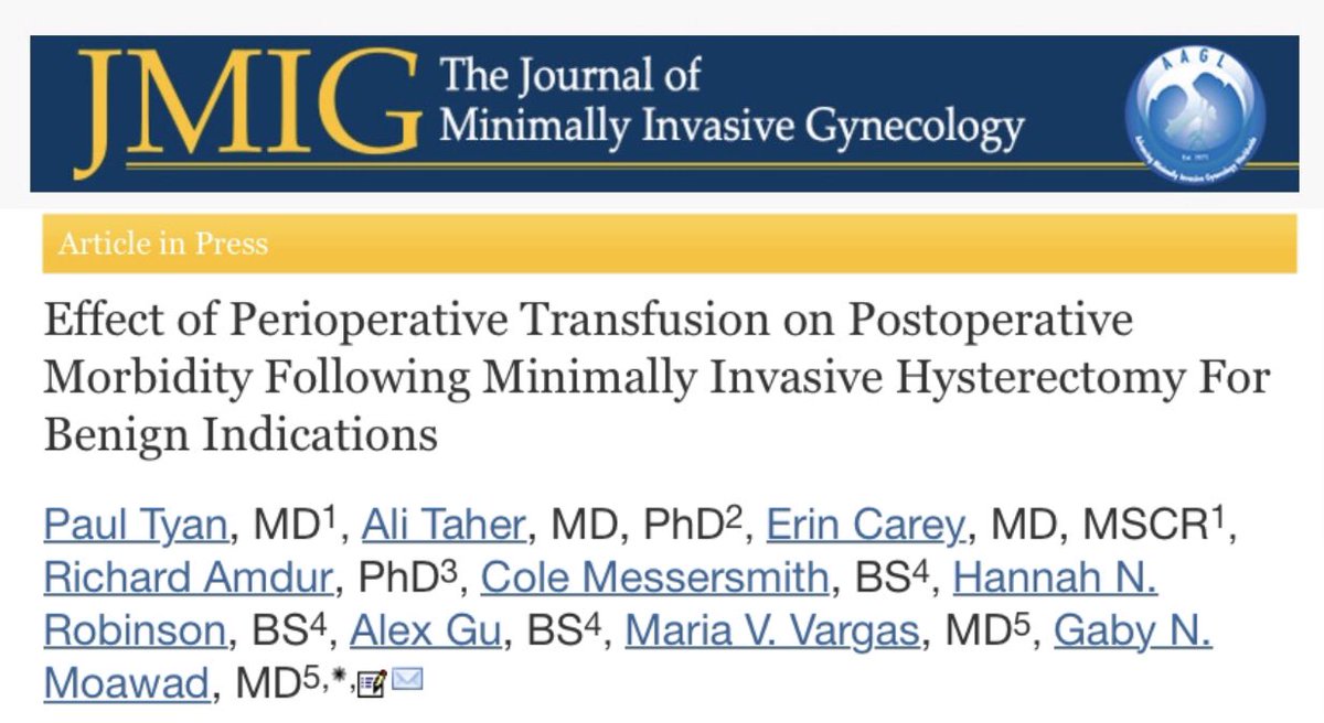 Perioperative #transfusion following #minimallyinvasive #hysterectomy is associated :
⬆️ #woundinfections 
⬆️ #sepsis 
⬆️ #thromboembolic events 

@AAGLJMIG @AAGL @FMIGS1 @GWSMHS @GW_MFA @GWHospital @GWtweets @TransfusEd @TransfusionLib