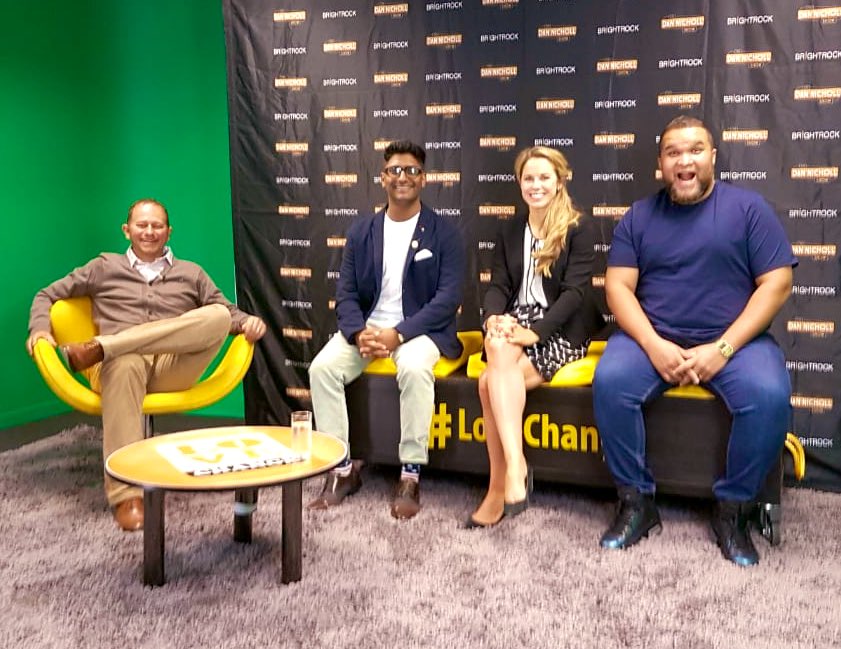 dannicholl's tweet photo. One final celebration of the #danvsjason challenge - @JasonGoliath and I sharing our story at @BrightRockZA with @MensHealthZA’s @Nadim11 and Jade Seeliger from @NSDietitiansSA. Final results on @dannichollshow at 7pm tonight on @SuperSportTV. #LoveChange https://t.co/KvJw9wfSfA