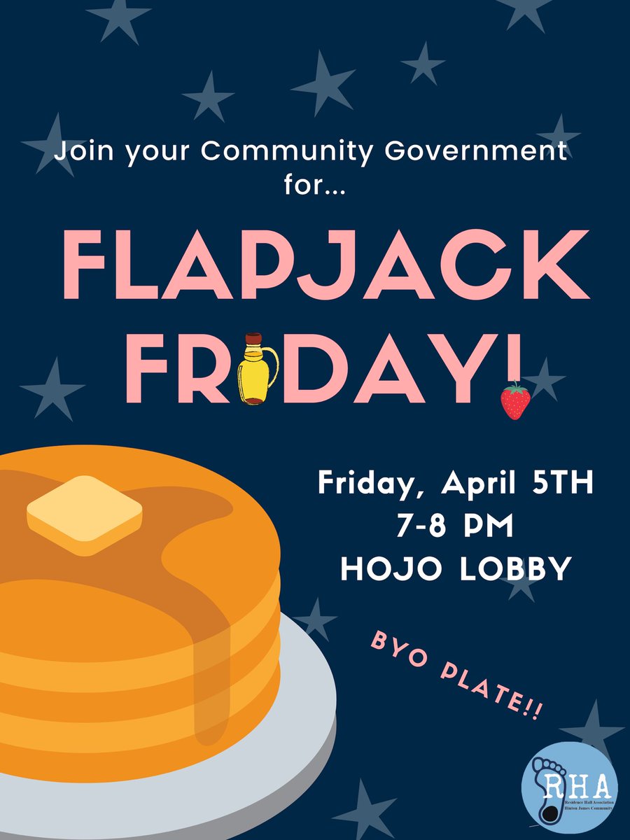 HintonJamesUNC's tweet photo. Join us this Friday from 7-8 pm in the HJ lobby for Flapjack Friday! 🥞 We’ll have a variety of pancakes including banana, blueberry, chocolate chip, m&amp;m, and sprinkle! 🍴🤩 #YUM https://t.co/dVLHf3BUfk