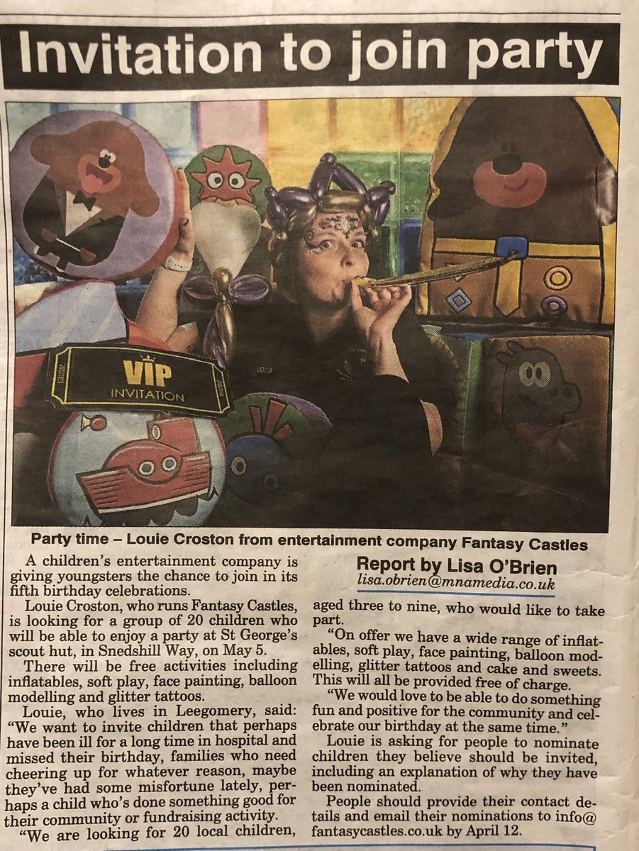 Thank you to <a href="/lisaobrien_Star/">Lisa O'Brien</a> for helping us to find local children for our party. Email your nominations into us before April 12 - info@fantasycastles.co.uk