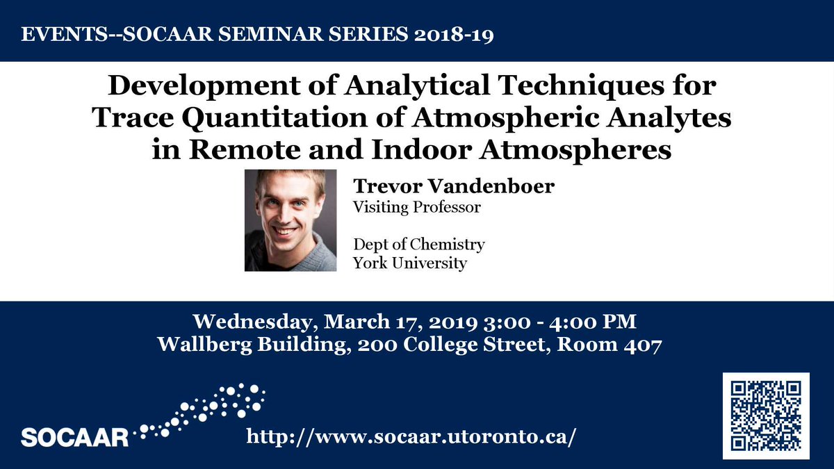 SOCAAR_UofT's tweet photo. SOCAAR Seminar on April 17 at 3pm in WB407: @TVandenBoer from @YorkU on “Development of Analytical Techniques for Trace Quantitation of Atmospheric Analytes in Remote and Indoor Atmospheres” Or follow the talk online https://t.co/D7UBMWTGqm
Abstract https://t.co/rxkBHCgohp https://t.co/A2JemKldgL