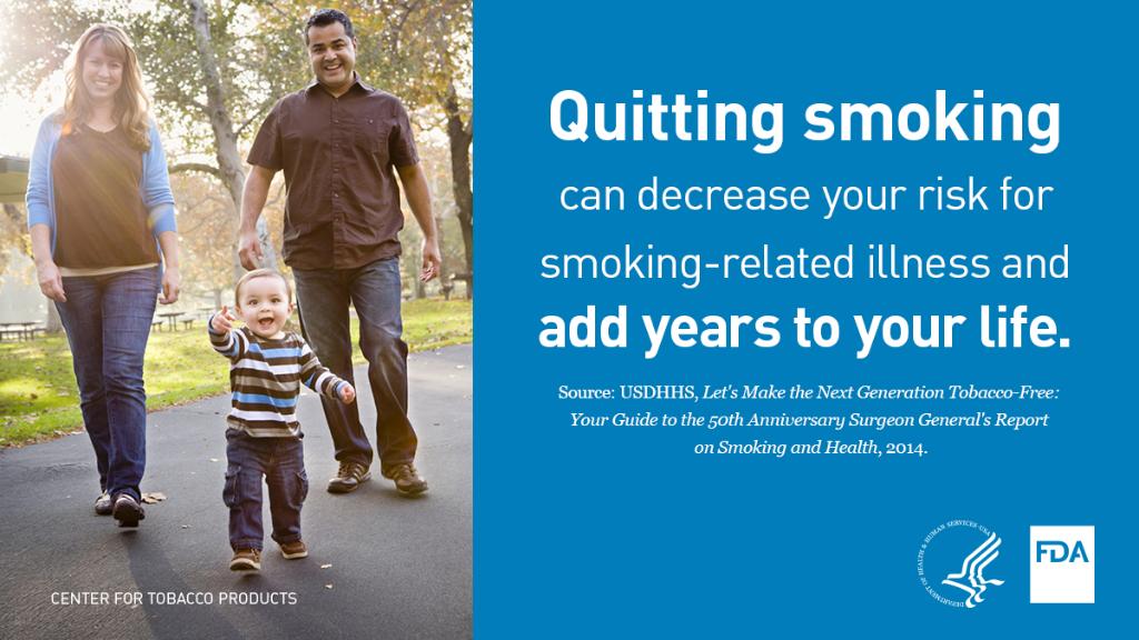 FDATobacco's tweet photo. #WellnessWednesday Smoking can take 10 years off your life. #NPHW

Quitting smoking can decrease your risk for smoking-related illness and add years to your life. If you are ready to quit smoking, find out more information to help you by visiting https://t.co/YjyprK1ulI https://t.co/dOBP9SJlKV