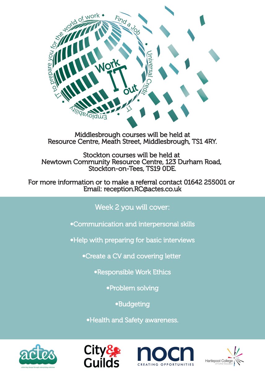 Resourcecntr's tweet image. Are you unemployed, aged 19+ &amp;amp; in need of help with IT to prepare to enter work &amp;amp; navigate Universal Credit? 
Work IT Out starts Tues 9th April &amp;amp; runs Tues to Fri for the 1st wk. Wk 2 it will run Mon to Thurs due to Good Friday.
Call: 01642 255001 #StocktonJCP #MiddlesbroughJCP