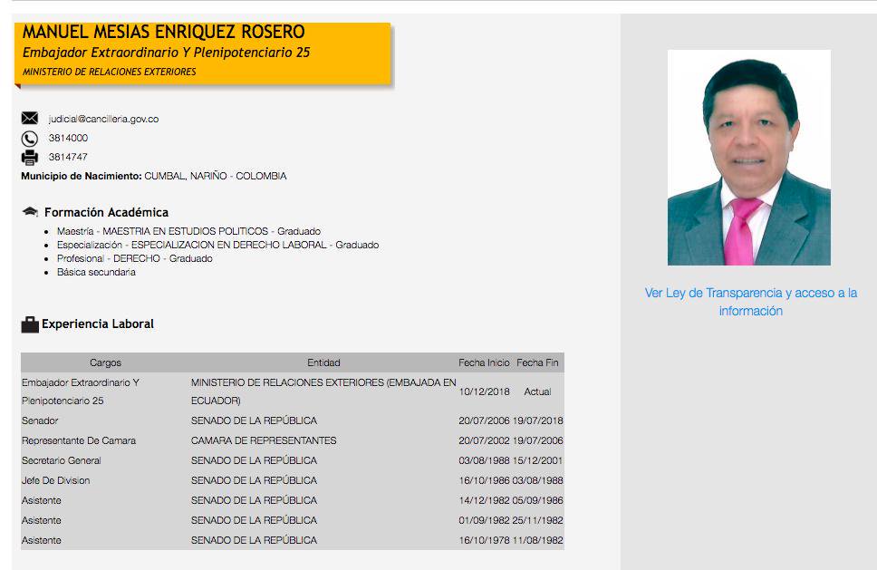 7. Manuel Enriquez Rosero, Ex Senador que en el Gobierno Santos ubicó a su hermano como Cónsul en Tulcán (Ecuador) y a su hermana Teresa Enriquez Rosero, como Representante a la Cámara por Nariño, fue nombrado Embajador en Ecuador. Su única experiencia: Congresista atornillado.