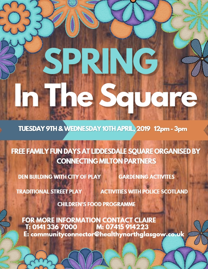 Thriving Places Lambhill, Milton & Cadder (@caddermilton) on Twitter photo Back by popular demand ❗️❗️❗️
Spring In The Square is taking place on Tuesday 9th and Wednesday 10th of April 2019 12pm - 3pm at Liddesdale Square 🙂🙋♀️
See poster below for more details 😃 <a href="/NorthGlasgowHLC/">North Glasgow Healthy Living Community</a> <a href="/NUC_Glasgow/">NUC</a> <a href="/jakimclaren/">Cllr Jacqueline McLaren 🏴</a> @Rmooney11mooney <a href="/NGCFI/">NGCFI</a> <a href="/LoveMiltonGLA/">LoveMilton</a> Back by popular demand ❗️❗️❗️
Spring In The Square is taking place on Tuesday 9th and Wednesday 10th of April 2019 12pm - 3pm at Liddesdale Square 🙂🙋♀️
See poster below for more details 😃 <a href="/NorthGlasgowHLC/">North Glasgow Healthy Living Community</a> <a href="/NUC_Glasgow/">NUC</a> <a href="/jakimclaren/">Cllr Jacqueline McLaren 🏴</a> @Rmooney11mooney <a href="/NGCFI/">NGCFI</a> <a href="/LoveMiltonGLA/">LoveMilton</a>