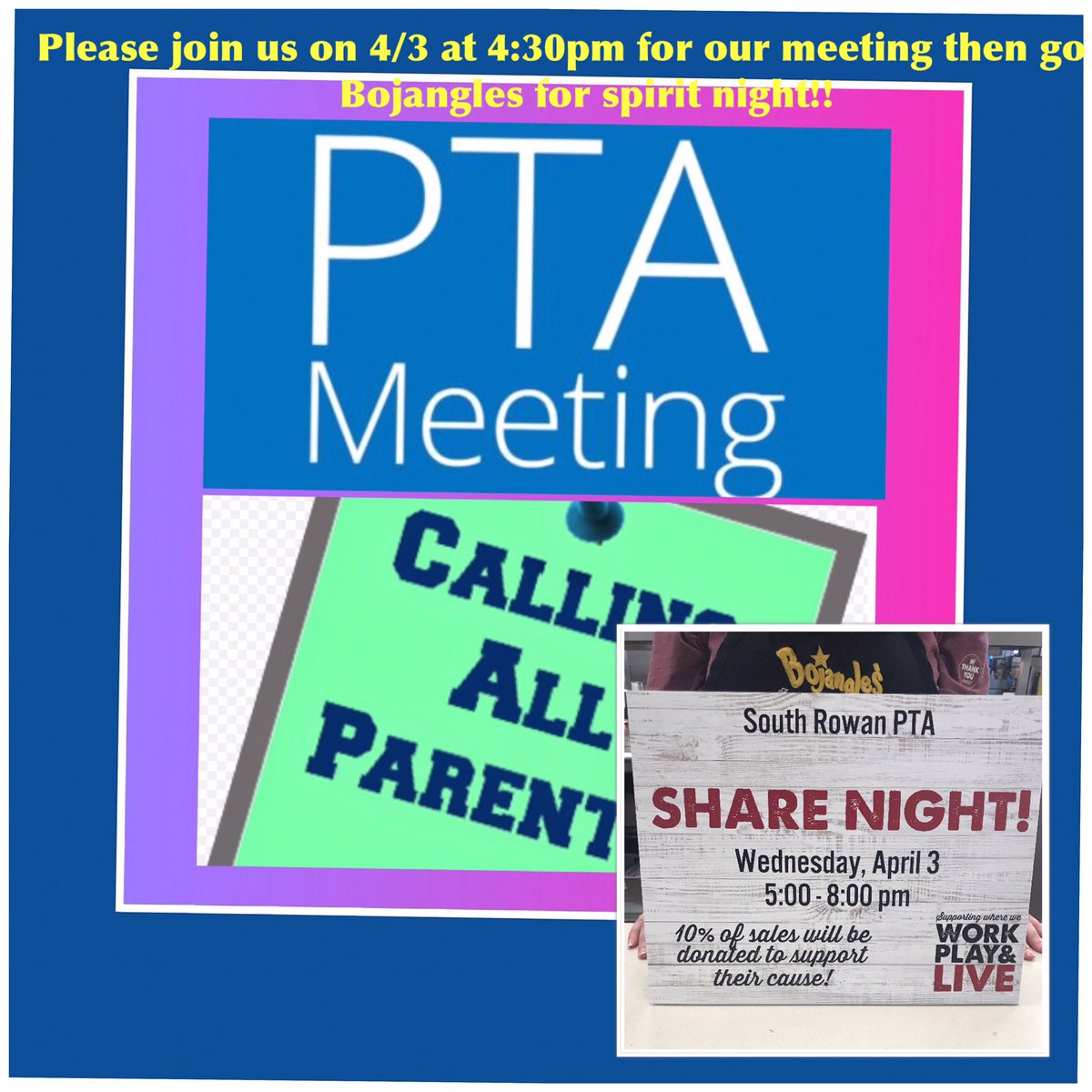 SRHSPTA's tweet photo. Meeting today at 4:30 and then Bo time!! https://t.co/HJwKtsgfD1