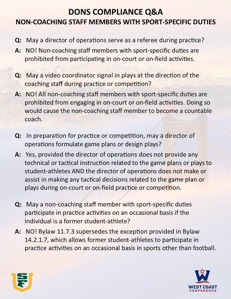DonsCompliance's tweet photo. Compliance Q&amp;A for non-coaching staff members with sport-specific duties https://t.co/B2UPkU2dy8