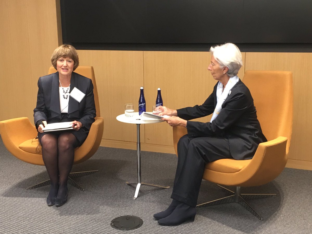 J_A_Hillman's tweet photo. Such an honor to host a fireside chat with IMF Managing Director Christine LaGarde on the day after Equal Pay Day.  Lots of talk of women’s empowerment around the world, trade, Brexit and more.  A thrill for me! https://t.co/IZYOa8BFne