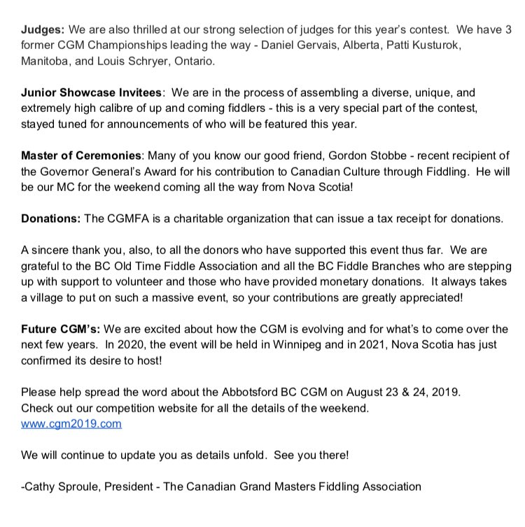Countdown is on until the 2019 Canadian Grand Masters event in Abbotsford, BC August 23-24. Here is the latest update on what is happening! #cgmfa #abbotsford #britishcolumbia #fiddle #fiddling #grandmasters #competition #oldtime @daniellappmusic @calvinvollrath @PattiKusturok