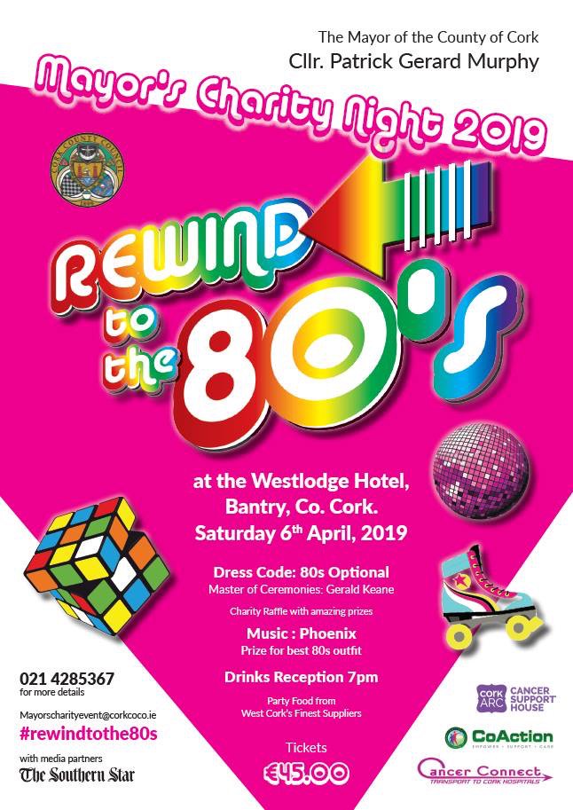CorkARCcancer's tweet photo. The countdown is on! The Mayor of County Cork's 80's Themed Charity Night is on Saturday. With @GeraldKean as MC, you are guaranteed a fab night of fun, food, music, dancing, games and surprises, with super raffle prizes up for grabs.  #community #Rewindtothe80s See you there! https://t.co/7FqCxLCPjy