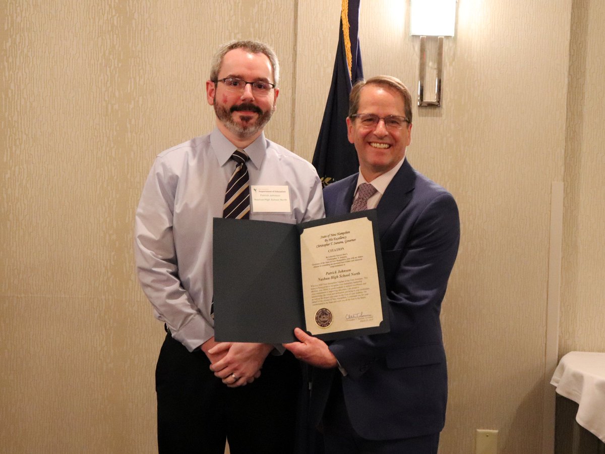 NHDeptEd's tweet photo. Congratulations to Patrick Johnson, a social studies teacher at Nashua High School North, for being nominated to be NH’s Teacher of the Year in 2020. #NHLearns #STOY20 @NHSNTitans @NASHUASCHOOLS https://t.co/VvCpLuo6NS