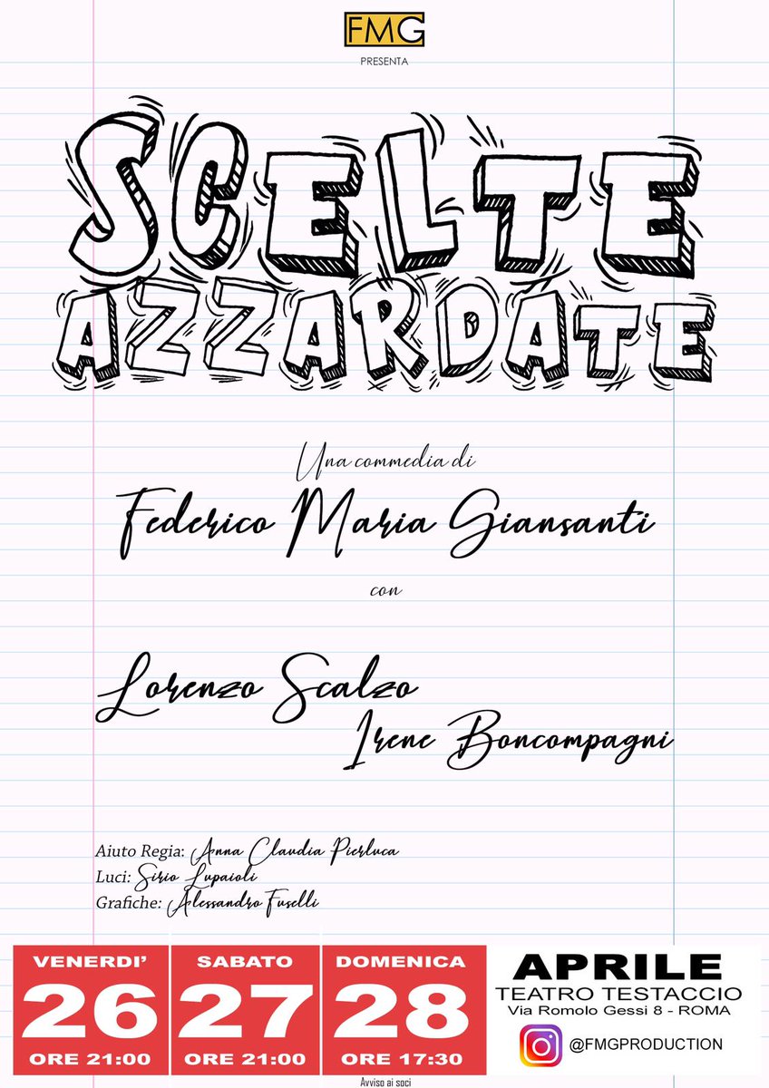 Freddiprod's tweet photo. 26-27-28 APRILE IN SCENA AL @teatrotestaccio "SCELTE AZZARDATE" #news #comingsoon #workhard https://t.co/pQ0qBwvp8l
