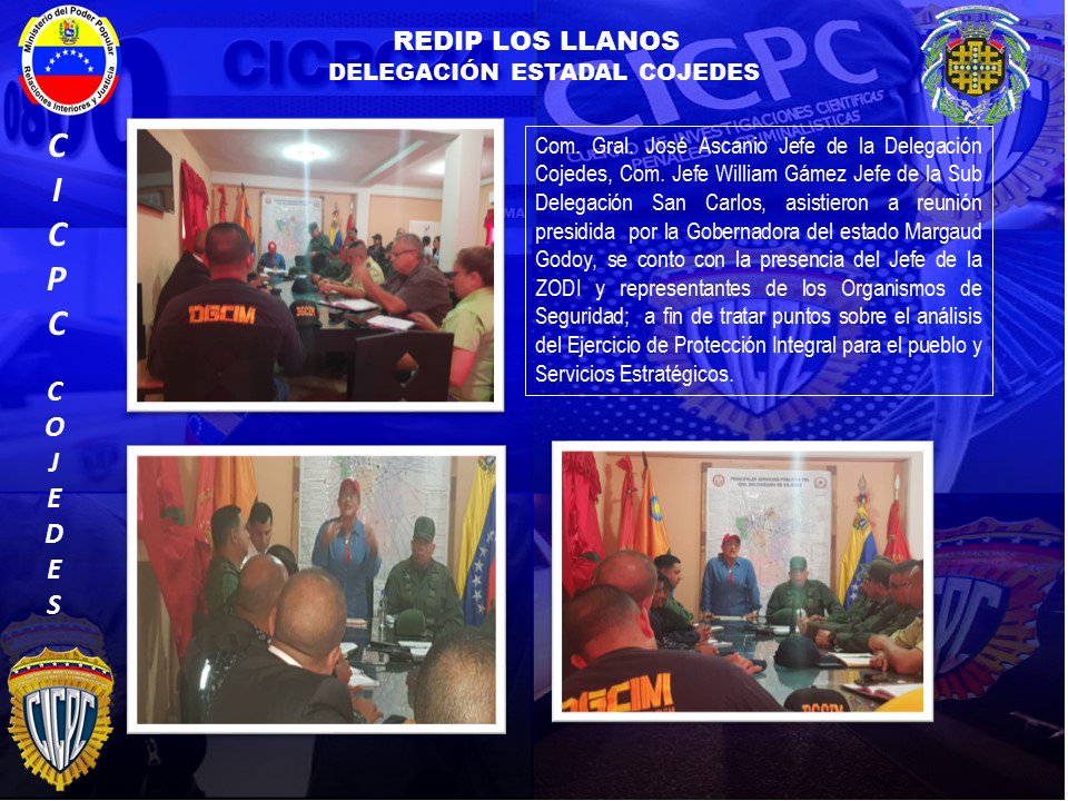 Com. Gral. José Ascanio Jefe del #CICPC Cojedes, se reunió con la Gobernadora del estado y representantes de los Organismos de Seguridad del estado Cojedes, a fin d tratar puntos sobre el Análisis del Ejercicio de Protección Integral para el pueblo y Servicios Estratégicos