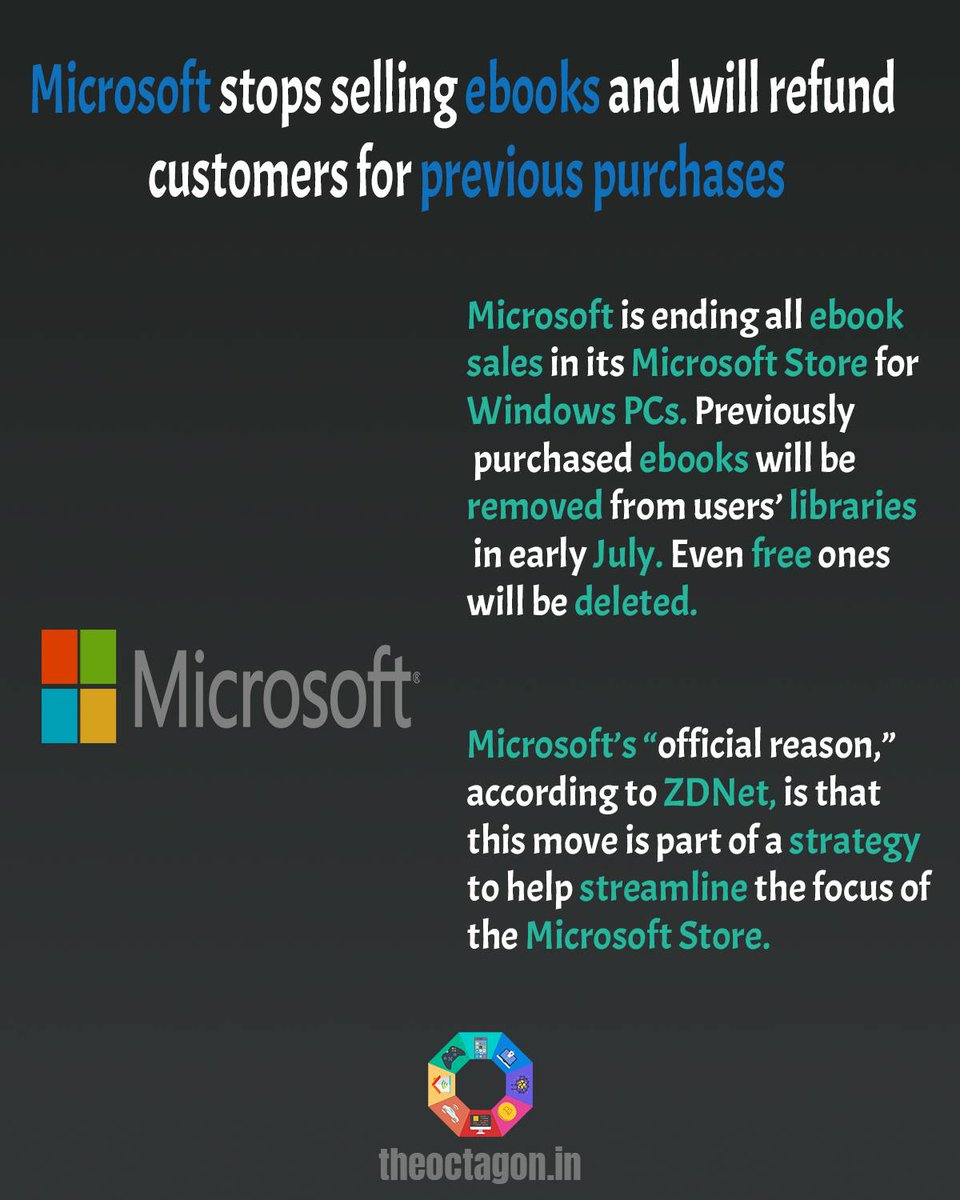 tech_Octagon's tweet photo. Microsoft stop selling e-books and refunds customers previously purchased 
.
.

Follow us for more amazing content !
.
.
#internet #futuretech #facts #technology #blog #techblog#information #geek #techie #innovation#instafuture #trending #Microsoft #ebooks #books #knowledge https://t.co/UuNh7dH93o