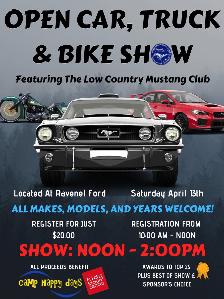 RavenelFord's tweet photo. We are just 10 days away from our annual Open Car, Truck &amp; Bike Show! Make sure to stop by on April 13th for food, music, fun and awesome vehicles! All proceeds benefit Camp Happy Days! See the event page at https://t.co/dxU9Yx9gln 
#chs #charleston #SouthCarolina https://t.co/osrukKM5Oq