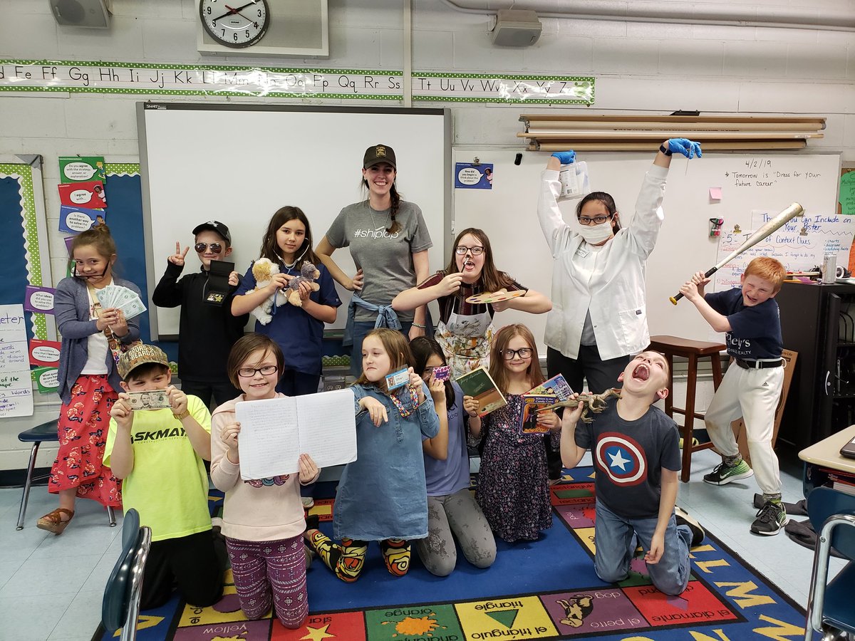 Mrs_Jarman's tweet photo. We are pumped for Career Day @bethel_school!! Can you spot the paleontologist, lawyer, vet, artist, teachers, librarian, EMT,  private investigator, baseball star, author, hunter and @joannagaines??! https://t.co/eisk9UAtoO