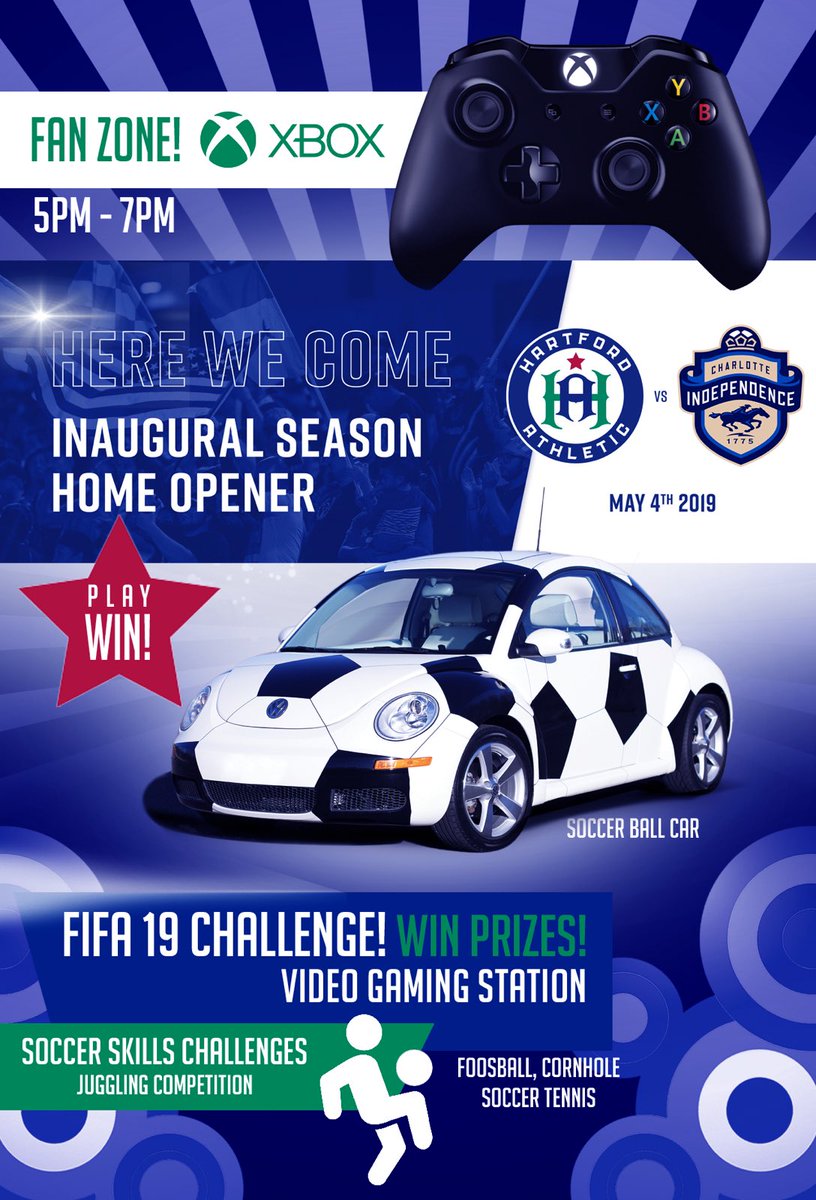 upper90studios's tweet photo. Summer plans! 😎☀️ Teamed up with @hfdathletic to host pre-game FANZONES this season!

🎮 XBOX #FIFA19Challenge at Soccer Ball Car video gaming station

Soccer tennis ⚽️🎾 foosball and fun games to win awesome prizes 🏆 

FANZONE: May 4, 5PM
Pratt &amp; Whitney Stadium at Rentschler https://t.co/op24XtvzNX