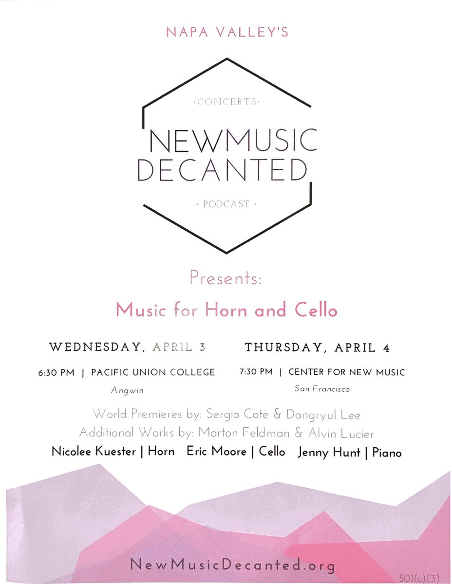 MusicDecanted's tweet image. (Pretty, isn't it?) We hope to see you at one of our concerts! Tonight at @PUCNow &amp;amp; tomorrow at @c4newmusic @sergiocote @CelloLoft #napavalley #sanfrancisco #newmusic #classicalmusic #premiere #cello #horn #culture #concert #premiere #bayareaevents #piano