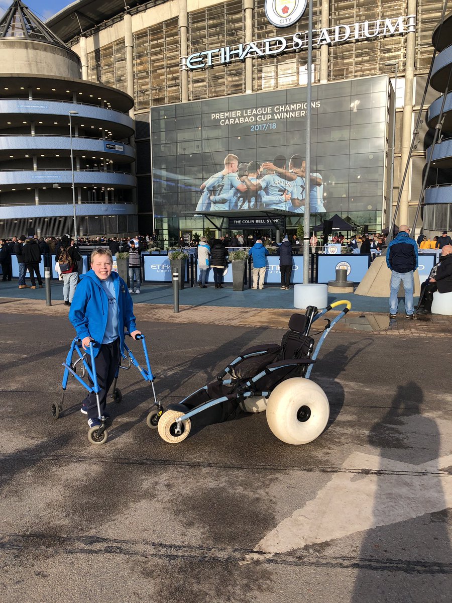 ChasChallenge's tweet photo. Great to be back at The Etihad to help out with another mascot tonight. Come on City!! #beachwheelchair #quadruple https://t.co/eVMqfzoGY4