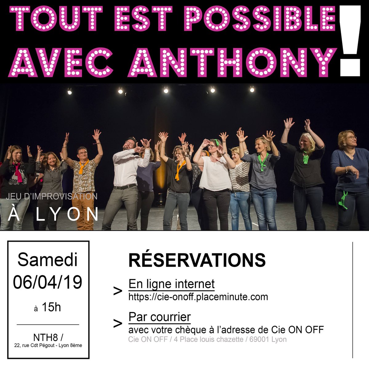 AU NTH8 CE SAMEDI 6 AVRIL 2019 DE 15H A 19H
Après-midi ludique et théâtral en Langue des signes française, par la <a href="/CieONOFF/">Cie ON OFF</a> et le Parcours Culturel Spectateurs Sourds.

Réservations directement ici : bit.ly/2TPEVbD
Plus d'informations : contact@cie-onoff.com

#LSF #impro