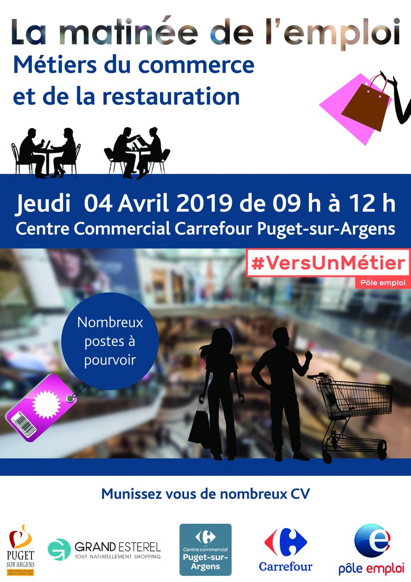 vanessaFoti's tweet photo. 🔊Le #PoleEmploi #StRaphaël organise la "Matinée de l'emploi" le 04/04/19 dans la galerie du centre commercial #Carrefour à #PugetSurArgens. ⏰ De 09h00 à 12H00. 1⃣6⃣0⃣postes à pourvoir en commerce/restauration #VersUnMétier qui recrute @poleemploi_VAR @HEBREARDN @avie_83 @E2CVar https://t.co/74J5zFGfin