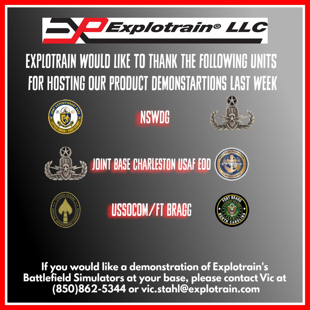 Explotrain's tweet image. Thank you NSWDG, @JBCharleston, Socom @FtBraggNC for hosting our Battlefield Effects Demonstrations. 

#military   #EOD #CIED #weaponsimulator #boom #explotrain #innovation #counterterrorism #defense #armedforces #navyeod #marineeod #airforceeod #armyeod #ordnance