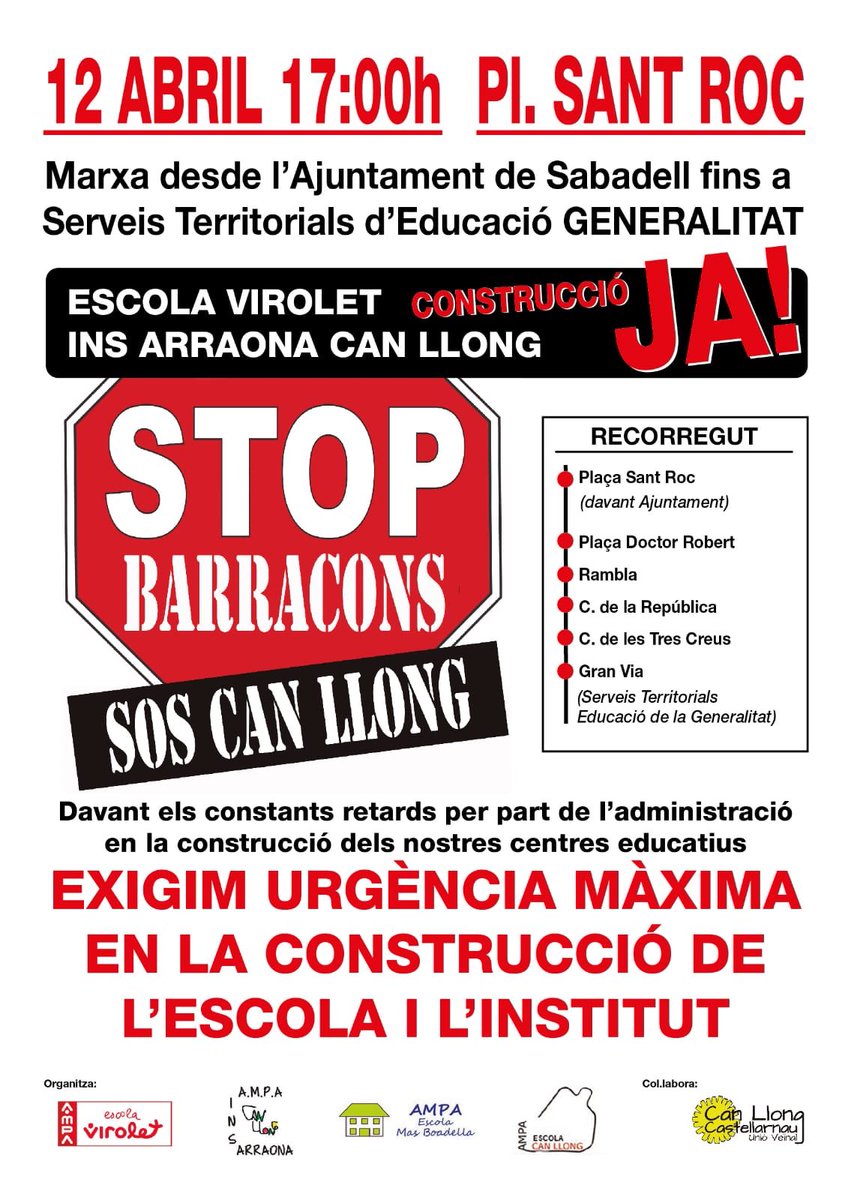 edificisja's tweet photo. Us convoquem el proper  12/04/2019 a les 17h a la manifestació per reclamar la construcció dels edificis per #INSArraona #EscolaVirolet  #proubarraconsSOScanllong https://t.co/eGCZtEOlCN