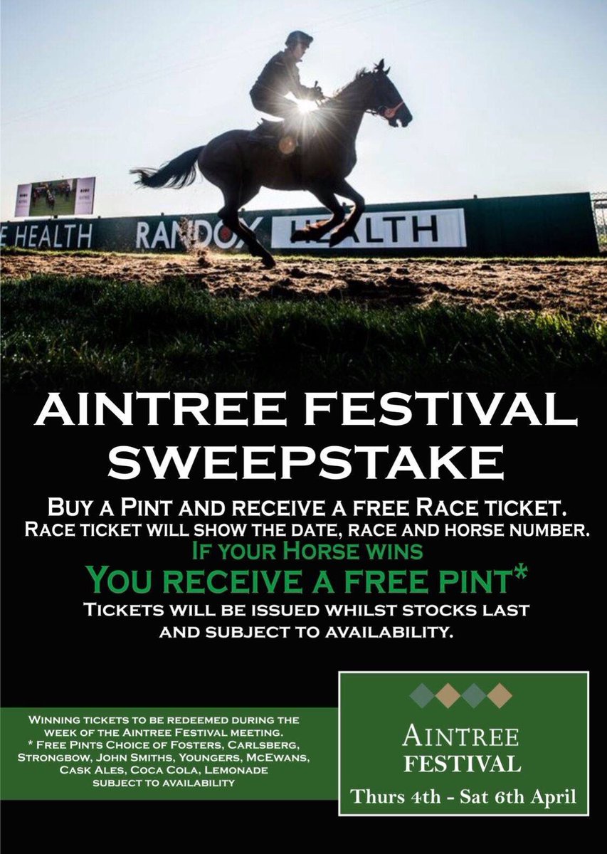 🏇🏾 Aintree Festival Sweepstake 4th - 6th April

🏇🏾 Buy a pint and receive a FREE race ticket, inc date, race and horse number

🏇🏾 If your horse wins, you receive a FREE pint! 

📑 T&amp;Cs Apply

🤩 Aintree STARTS this Thursday #GrandNational
