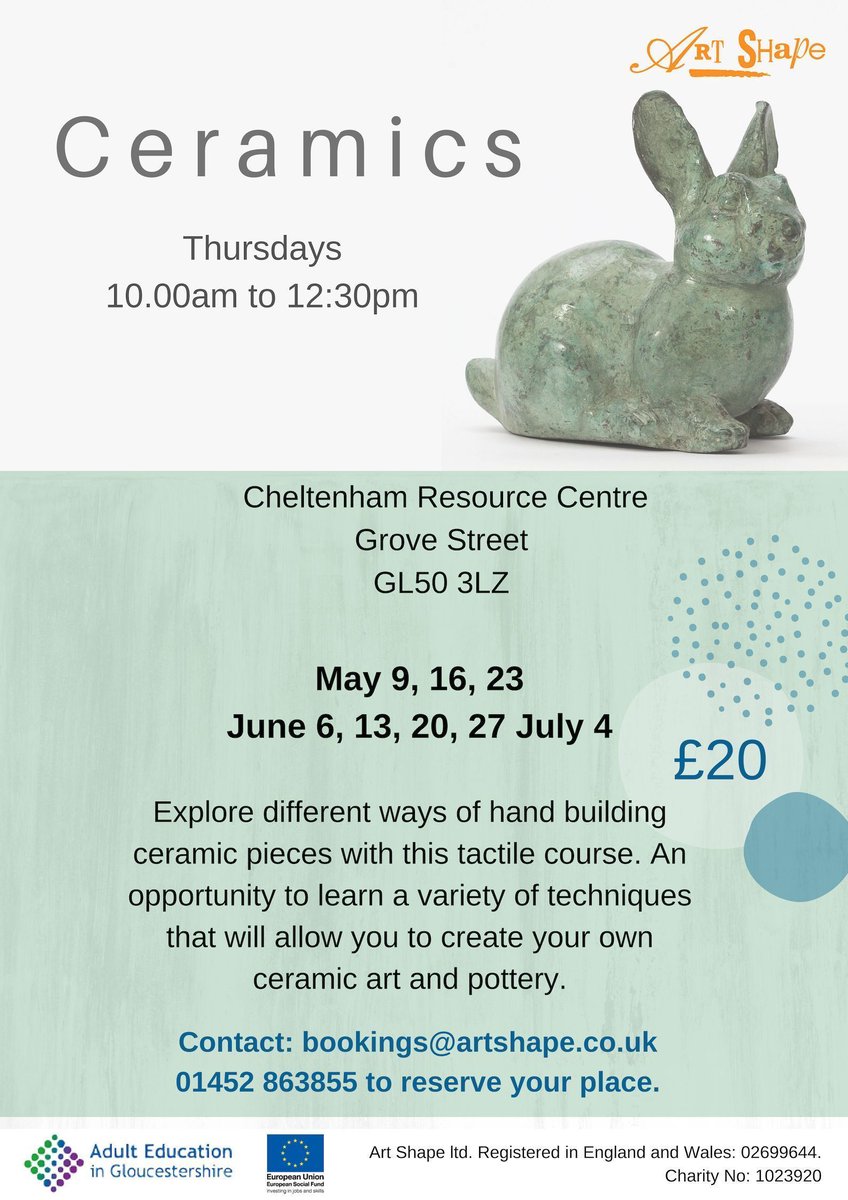 ArtShape's tweet photo. Starting in May! Don't miss the chance to book your place. #inclusiveart #artshape #adulteducation #artscourses #ceramics #ceramicart #art #artshapecourses #inclusion https://t.co/J57USpupnQ