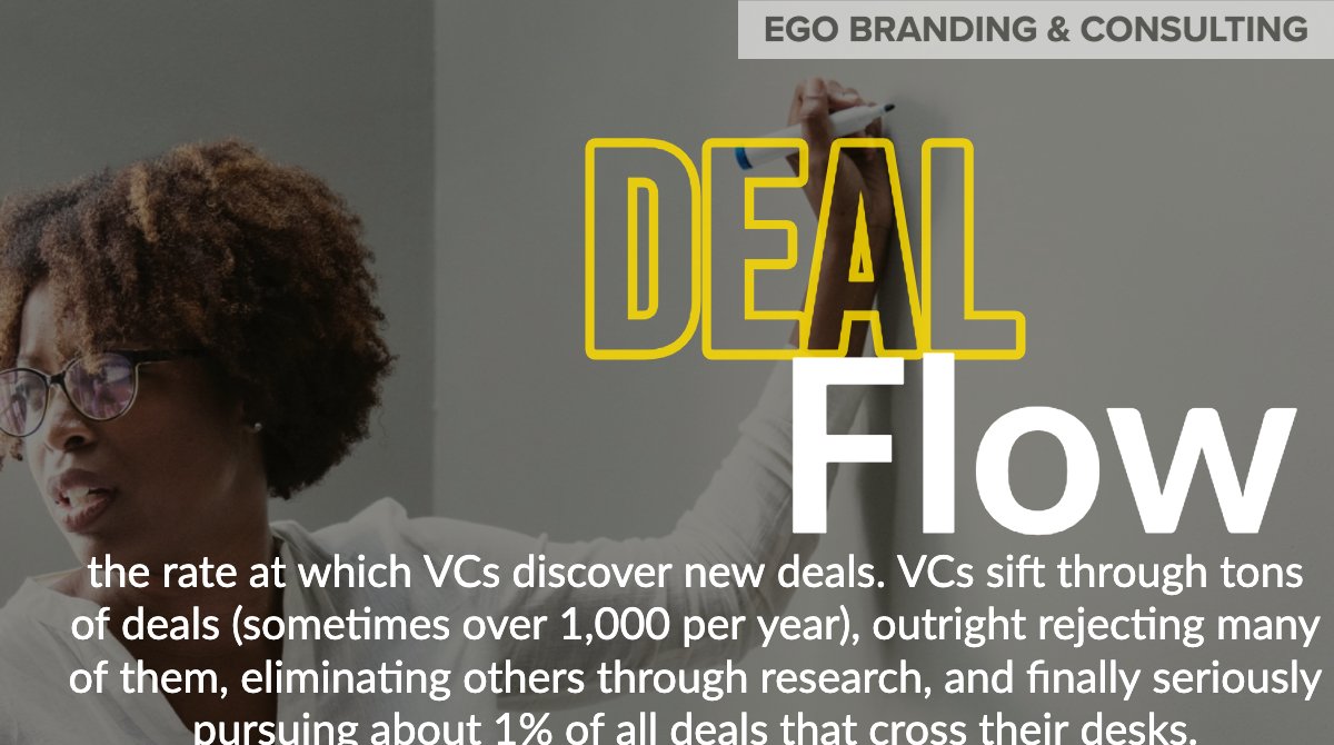 ego_inc's tweet photo. #WordofDay Deal Flow 

The rate at which VCs discover new deals. VCs sift through tons of deals (sometimes over 1,000 per year), outright rejecting many of them, eliminating others through research, and finally seriously pursuing about 1% of all deals that cross their desks. https://t.co/Zi5VWcfIuC