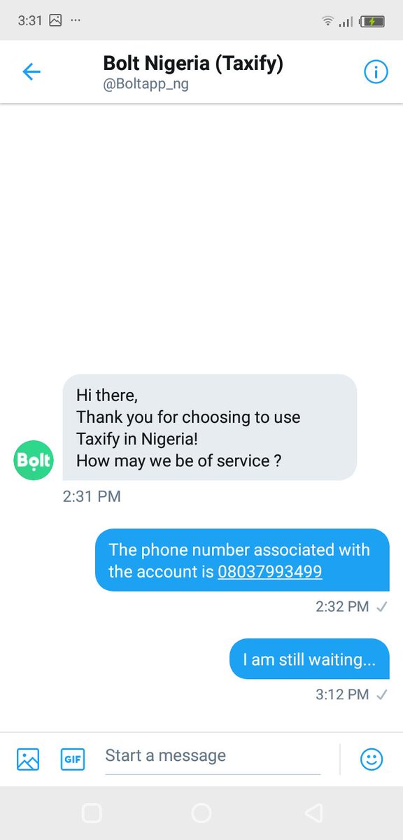 RevYinkaAdeleke's tweet photo. It is now an hour since @Boltapp_ng sent this tweet. I replied a minute later and there has been nothing. Zilch. Nada.
Not even a simple acknowledgement of my complaint.
Is this how you treat paying customers @boltapp?
#boycottTaxify
#boycottBolt https://t.co/00xNEQuqPK