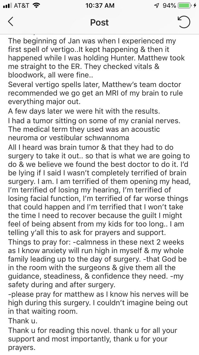 Kelly Stafford announces on Instagram that she has a brain tumor and will have surgery in the next 2 weeks.