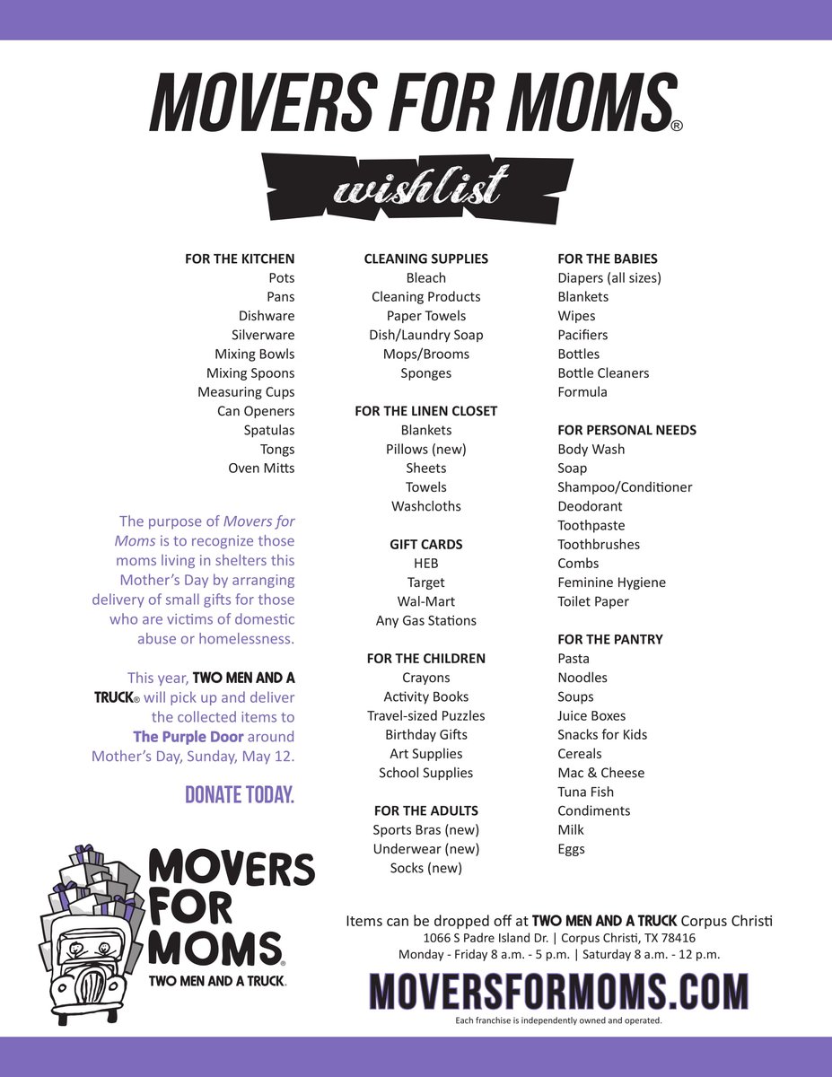 TwoMenCC's tweet photo. We are partnered with @ThePurpleDoor2 for our annual @MoversforMoms drive. We are collecting items for the women's shelter and will deliver them in time for Mother's Day! Donate! 1066 S Padre Island Dr, Mon-Fri, 8-5 and Sat, 8-12. #MoversForMoms #MoversWhoCare #TwoMenCC https://t.co/Ghld48wM2O