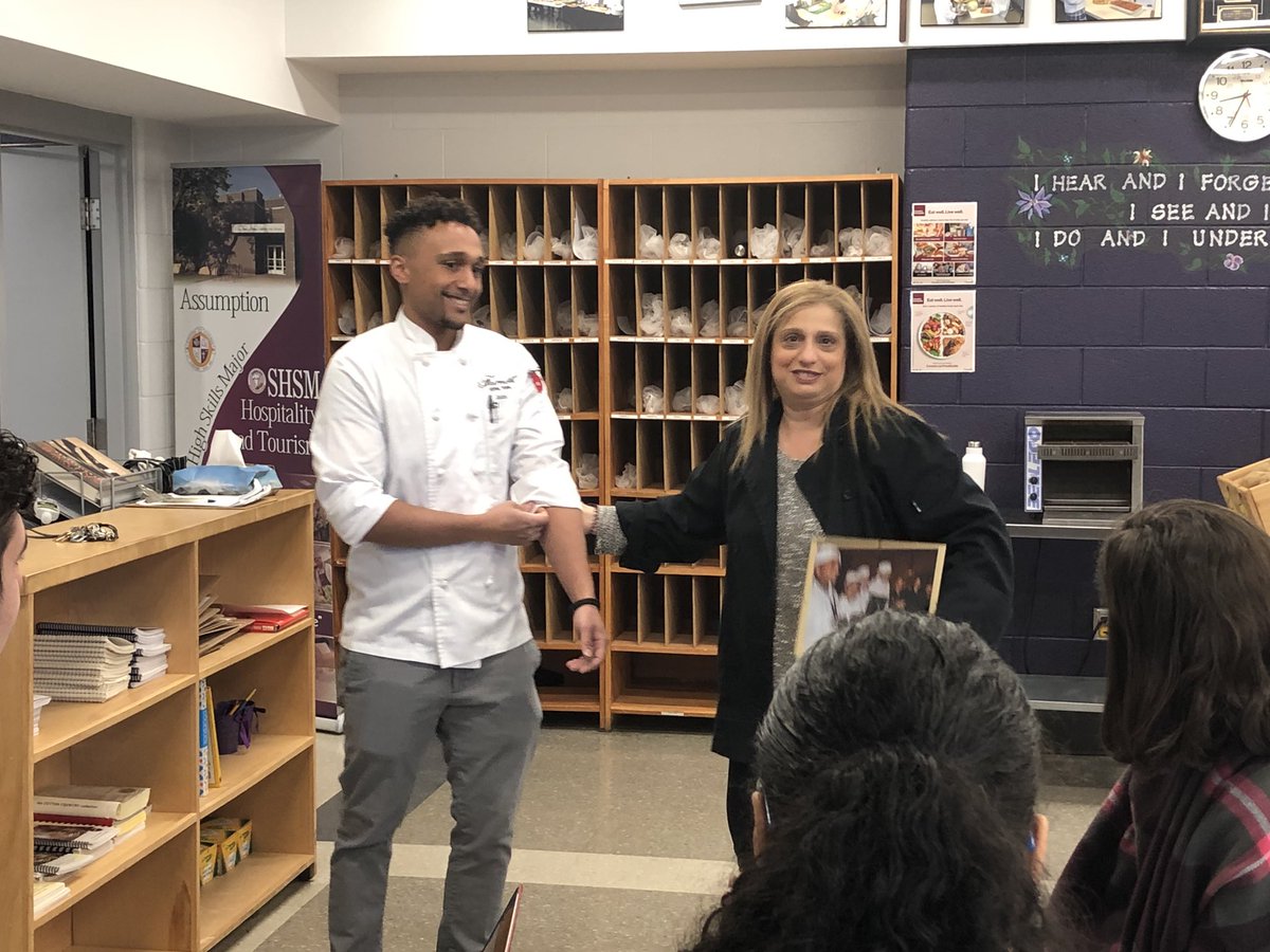 AssumptionH's tweet photo. Former Assumption SHSM Culinary student Chef John Ennis speaking to our students about this wonderful profession @WECDSB @FairmontRYH https://t.co/3nQFz3tcCW