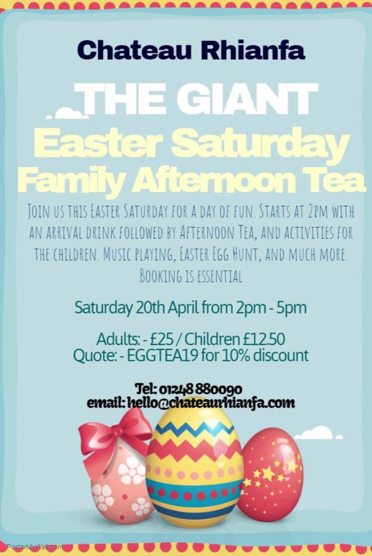 RhianfaChateau's tweet photo. Join us on Easter Saturday for a fun filled afternoon!

Afternoon Tea will be served outside (weather permitting) with a complimentary drink on arrival, before the whole family can take part in the Easter Egg Hunt on the grounds. 

Make sure to book your space! https://t.co/S2uhtkdQkA