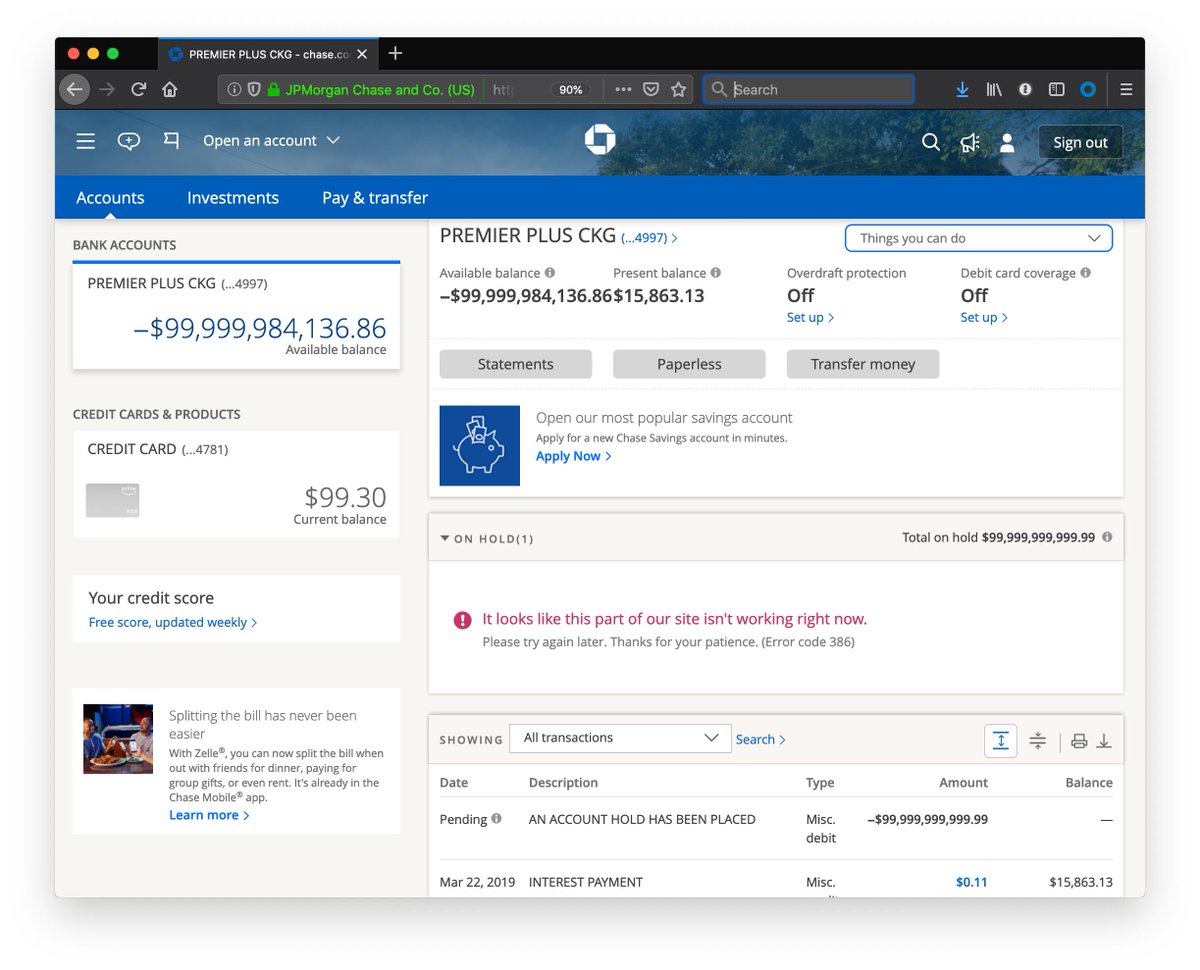 stagr_lee's tweet photo. How do I protest a $100 Billion Dollar charge on a checking account?  @Chase #sadsackprogrammer #rediculousfile #doesanyonedogeneralledgeraccountinganymore #mainframerevenge https://t.co/ZAAx6n347p