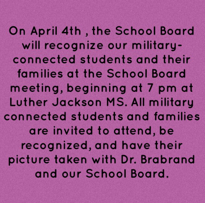 PHOTOS NEEDED! 📸 We will create a photo display in the lobby later this month. If you are a military connected family, send in photos to be included! Deadline is 4/23 and photos can go to Mrs. Buesing. (Please make sure they are copies you do not need returned). #PurpleUpFCPS 💜