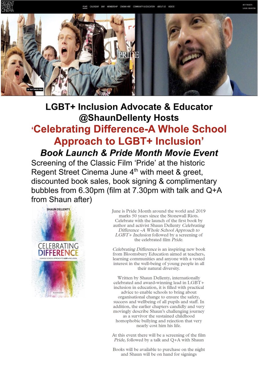 I’m celebrating #Pridemonth in June by hosting a film screening of ‘Pride’ &amp; delivering a talk &amp; signing for my <a href="/BloomsburyEd/">Bloomsbury Education</a> book ‘Celebrating Difference- A Whole School to LGBT+ Inclusion’ at the historic <a href="/RegentStCinema/">Regent Street Cinema</a> Tickets at regentstreetcinema.com/programme/prid… #lgbted #ukedchat