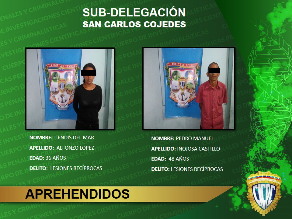 #CICPC San Carlos, realizan la aprehensión de dos ciudadanos por el delito de Lesiones Recíprocas.