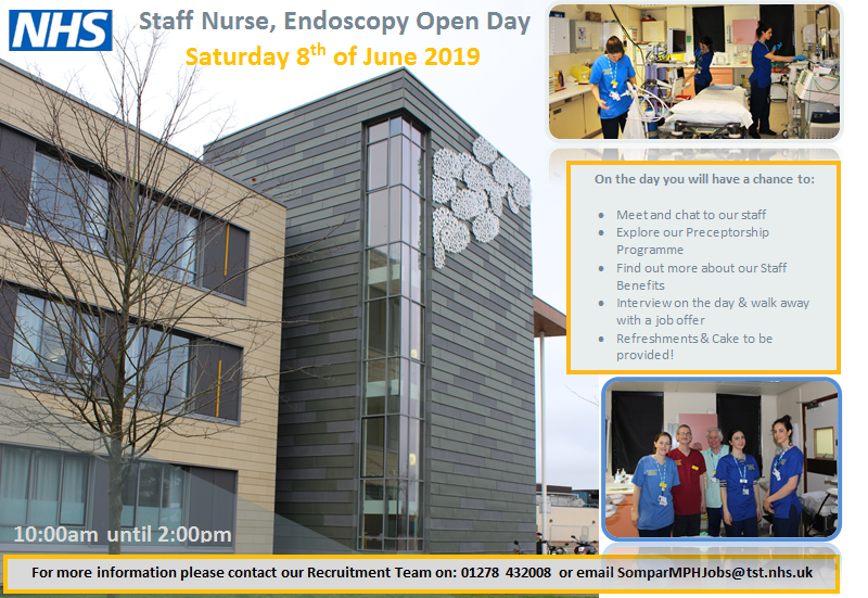 SomersetNHSjobs's tweet photo. Calling all newly qualified and experienced nurses! Come along to our Staff Nurse, Endoscopy Open Day on Saturday the 8th of June from 10am until 2pm at Musgrove Park Hospital. 

View our full advert here: https://t.co/tD3iKFVTr0 https://t.co/M2cST2GjKS