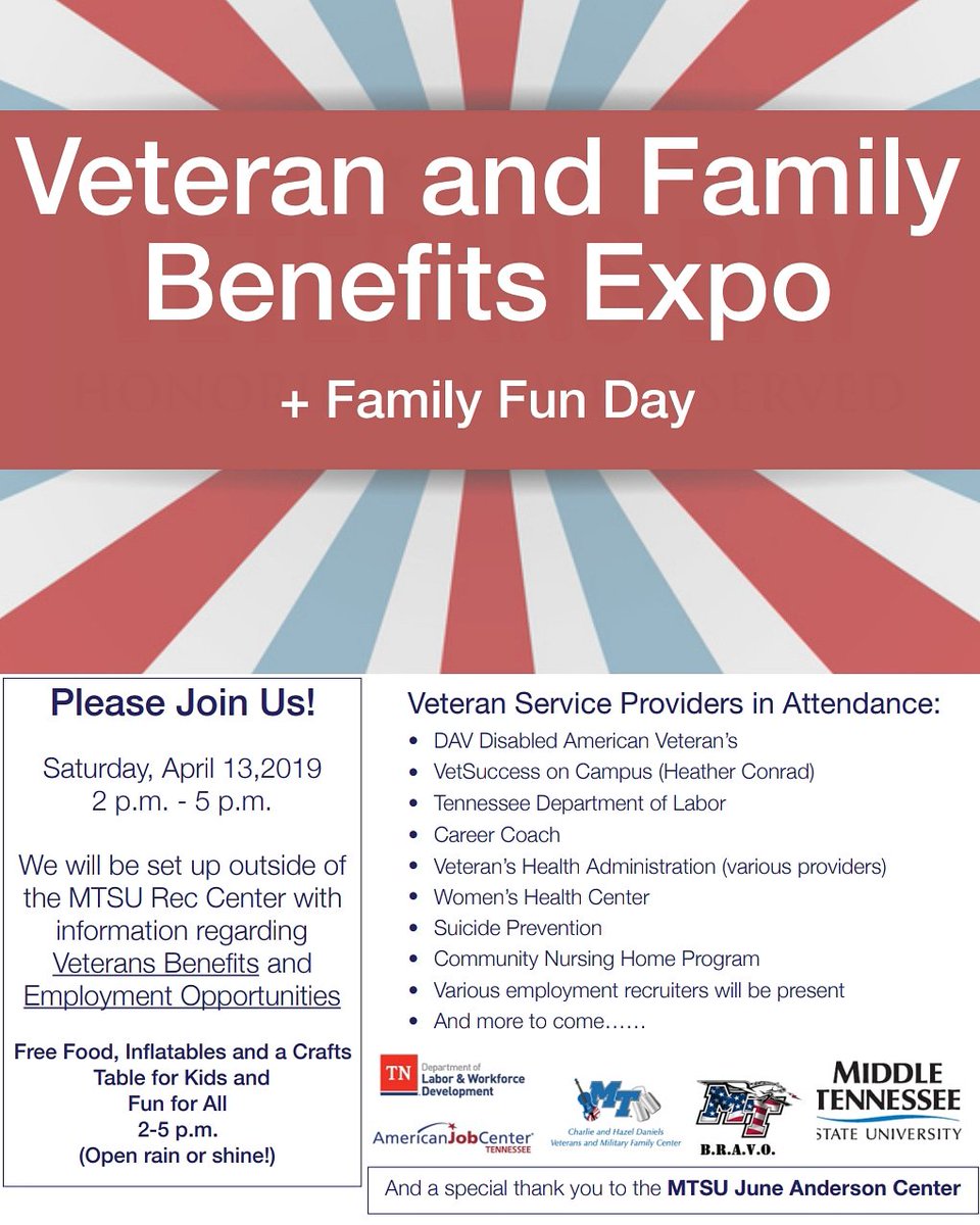Join us April 13 at the MTSU Recreation Center for a veterans and family benefits expo plus a family fun day!
.
.
.
#middletennesseestateuniversity #mtsu
#trueblue #veterans #military #militaryfamily
