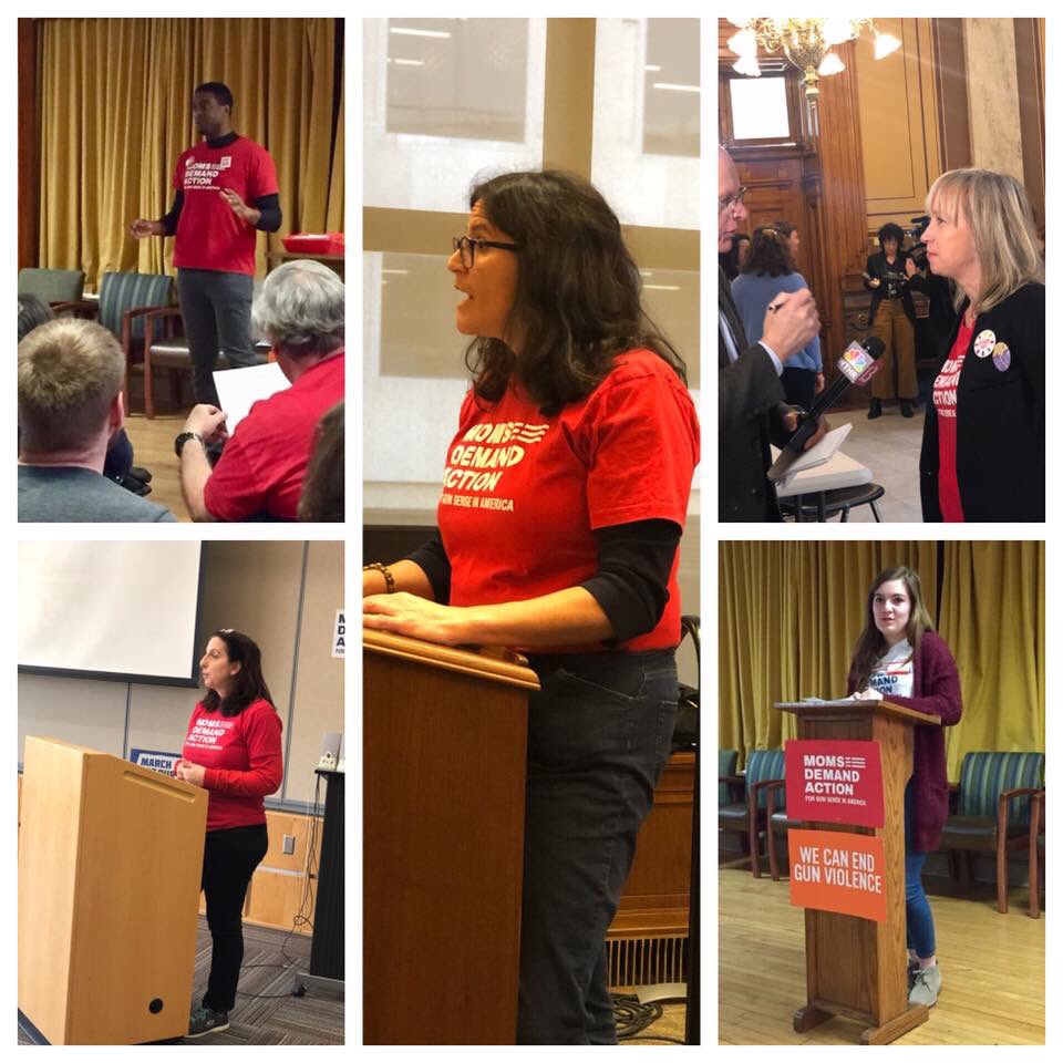 FlyoverStateMom's tweet photo. Today, Indiana @MomsDemand will again go before #INlegis to state our opposition to a bill that incentivizes arming teachers. 

Those shirts mean one thing: Indiana Moms supporters will never stop speaking up for our right to live free from gun violence. #ExpectUs #KeepGoing https://t.co/lycZm2OFKy