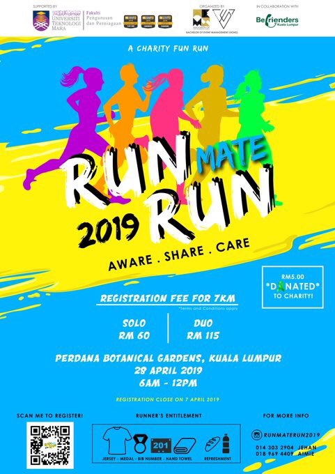 ketengahketepi's tweet photo. HELLO RUNNERS! RMR 2019 is a charity fun run event in collaboration with Befrienders to spread mental health awareness Show your love, support and care by participating in RMR 2019 &amp; every RM 5 from the fee will be donated to Befrienders, Kuala Lumpur ,official IG @runmaterun2019 https://t.co/UySZOBj0p4