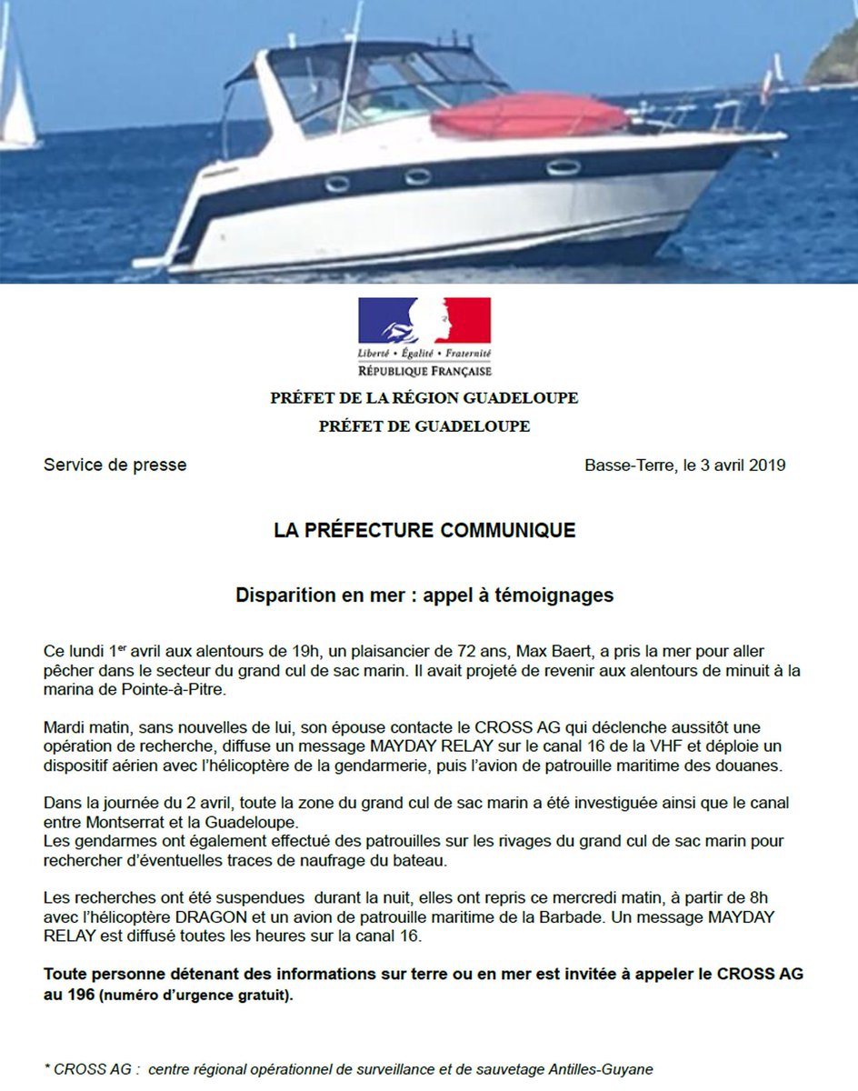 Prefet971's tweet photo. #APPELATEMOINS Un plaisancier parti en mer lundi soir n’est toujours pas rentré au port de la marina de #PointeàPitre. Des opérations de recherche sont déployées depuis mardi matin. Toute personnes détenant des infos sur terre ou en mer est invitée à appeler @ag_cross au 196 https://t.co/kb63kefPXI