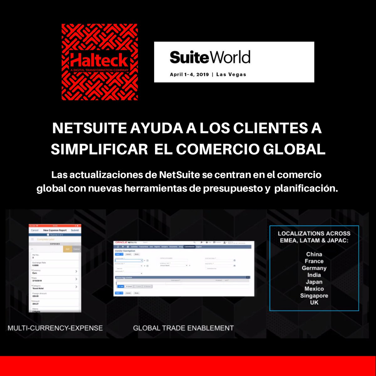 halteckmexico's tweet photo. #SuiteWorld19 #Netsuite ayuda a los clientes a simplificar el comercio global! Las actualizaciones de Netsuite se centran en el comercio global con nuevas herramientas de presupuesto y planificación.
Conoce más en https://t.co/2n3AZgDeCA ventas@halteck.com.mx
#OracleProud #erp https://t.co/t5DgQp2dxo