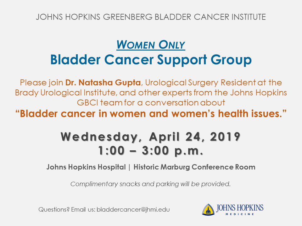 #JHGBCI award recipient Natasha Gupta, MD will lead the first *women only* #bladdercancer support group at @HopkinsMedicine April 24, 2019 from 1-3 PM. Email bladdercancer@jhmi.edu for more info. @JCensits @akfsurgeon @B_C_A_N @brady_urology