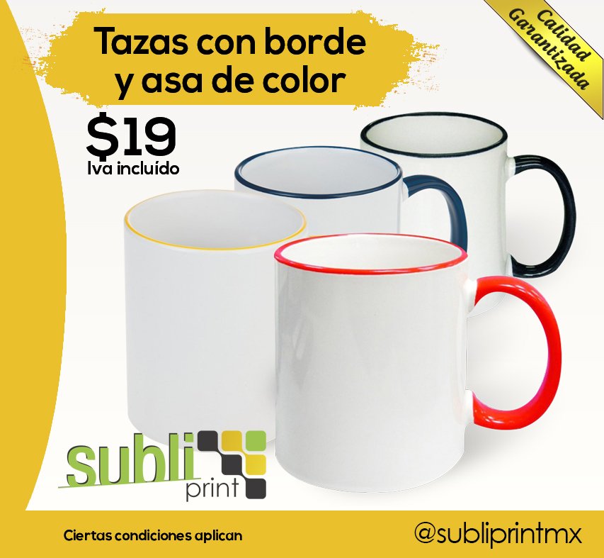 SubliPrintMx's tweet photo. #Taza filo y asa negro, amarillo, rojo y azul cobalto a 19 pesos netos.

> Compra mínima 12 pz colores sujetos a existencia 
> Promoción valida hasta agotar existencias

Web >> https://t.co/VRleu5gcCQ ¡contáctanos! 📱 553566-8097 📞 55 7030 7254
contacto@subliprint.mx https://t.co/BkQl57haV0