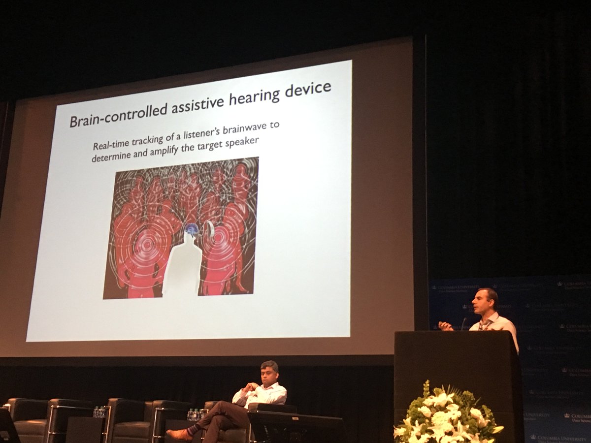 CUSEAS's tweet photo. Our @EE_ColumbiaSEAS Prof Nima Mesgarani gives talk on his brain-controlled hearing device at @DSI_Columbia #datascience day. #CUdata #dataforgood https://t.co/CMbKVoiKhu