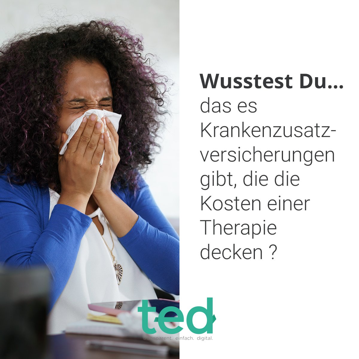 Tränende Augen, tropfende Nasen - Frühlingszeit ist Heuschnupfenzeit ! Wusstest du, dass es Krankenzusatzversicherungen gibt, die die Kosten einer Therapie decken? 

#ted #versicherung #frühling #allergie #heuschnupfen #krankenzusatzversicherung #beratung #app #insurtech
