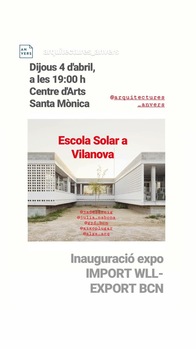 arq_anvers's tweet photo. L' Escola Solar a Vilanova és un dels projectes seleccionats.
Veniu i descobrireu interessantíssims projectes d'estudis catalans i belgues!
@arq_anvers #arquitectura #escolasolar #escolapública #escolasolar #Vilanova @artssantamonica @COACatalunya @agrupacio_ajac @educaciocat https://t.co/Q1Xxvj5Ksh